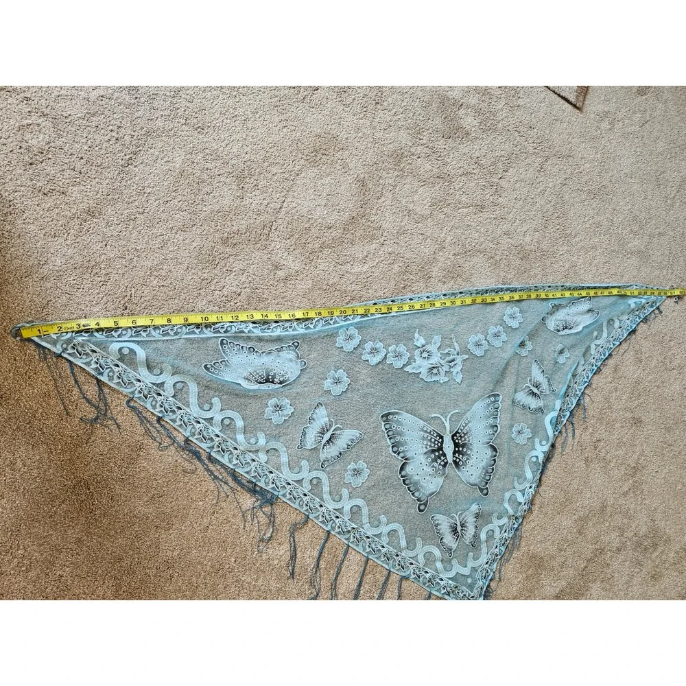 Butterfly Mesh Shawl Womens Scarf Blue Teal Fringe Boho Festival Sheer Fairycore